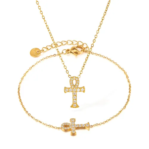 Wholesale Stainless Stee Bling Ankh Cross Bracelet and Necklace Set