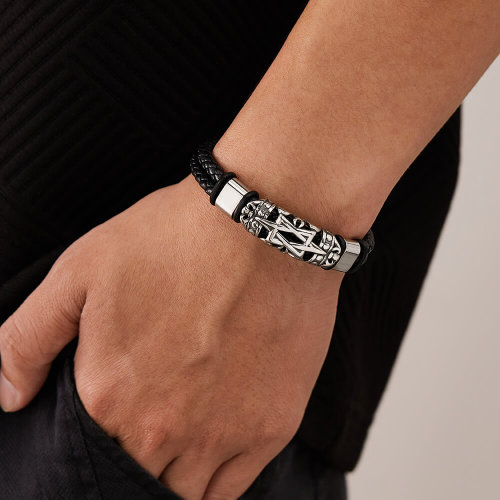 Wholesale Stainless Steel Hip Hop Braided Leather Bracelet