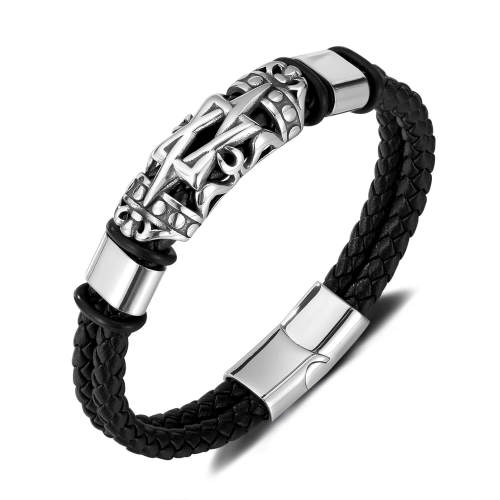 Wholesale Stainless Steel Hip Hop Braided Leather Bracelet