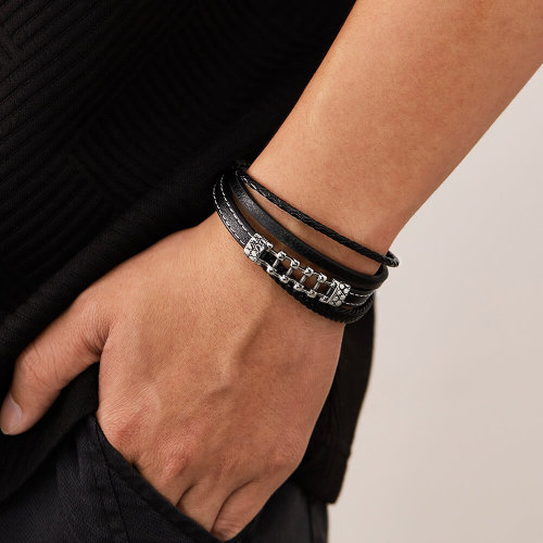 Wholesale Stainless Steel Chain Leather Bracelet