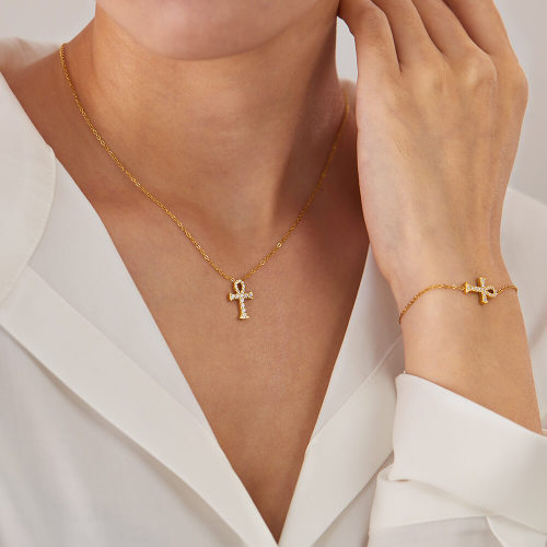 Wholesale Stainless Stee Bling Ankh Cross Bracelet and Necklace Set