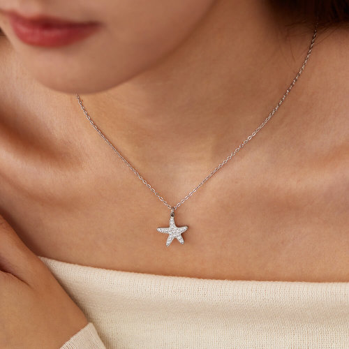 Wholesale Stainless Steel Inlay CZ Starfish Necklace