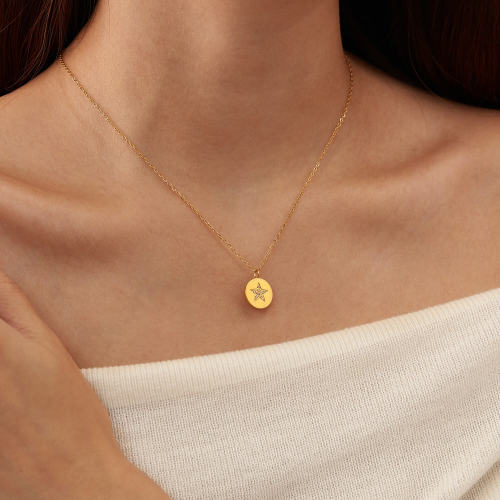 Wholesale Stainless Steel Star Coin Necklace with CZ