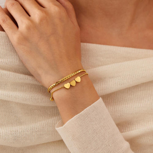 Wholesale Stainless Steel Gold Stacked Hearts NK Chain Bracelet