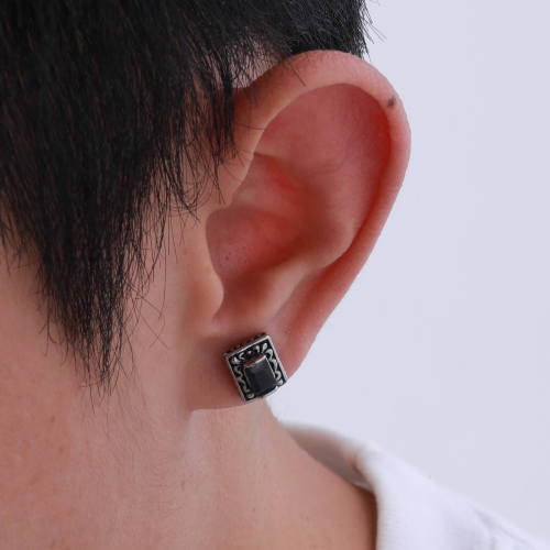 Wholesale Stainless Steel Retro Punk Black CZ Earrings