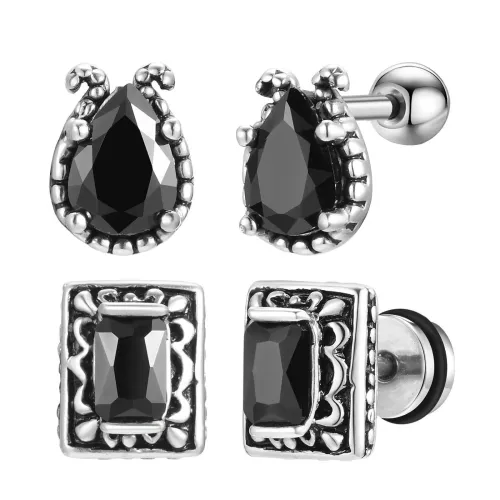 Wholesale Stainless Steel Retro Punk Black CZ Earrings
