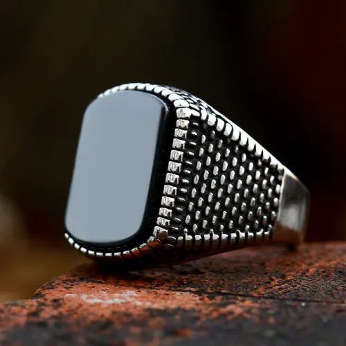Wholesale Stainless Steel Punk Black Stone Signet Rings