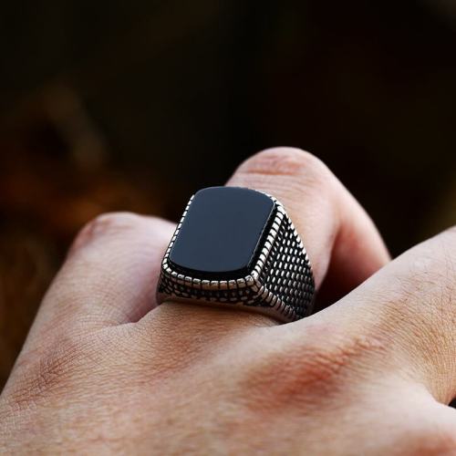 Wholesale Stainless Steel Punk Black Stone Signet Rings
