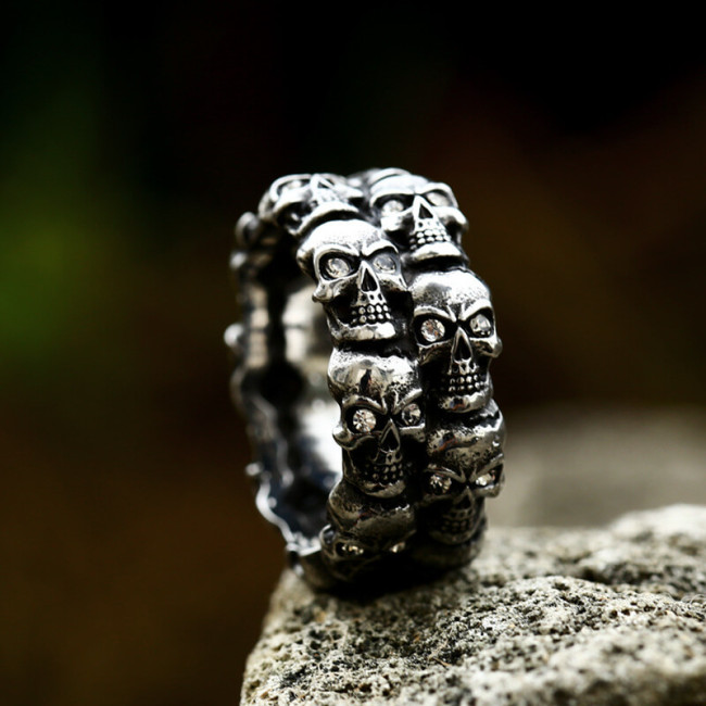 Wholesale Stainless Steel Vintage Double Row Skull Ring