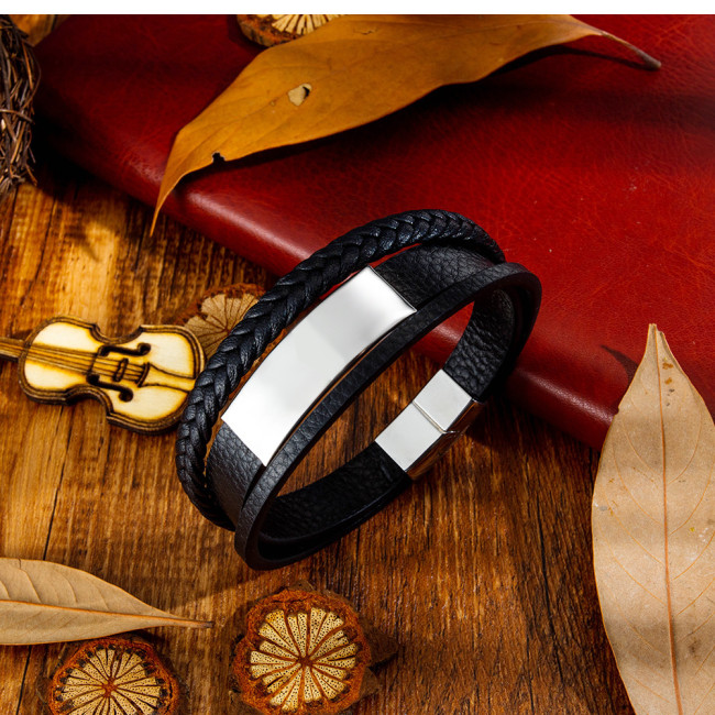 Wholesale Stainless Steel Men's Multi-Layer Retro Leather ID Bracelet