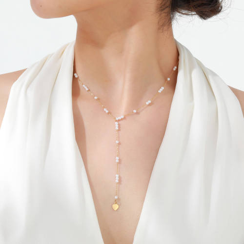 Wholesale Stainless Steel Y style Pearl Necklace with Heart Drop