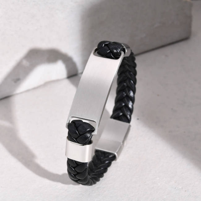 Wholesale Stainless Steel Engravable Braided Leather Bracelet