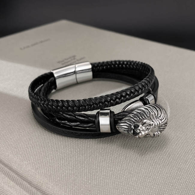 Wholesale Stainless Steel Lion Head Leather Bracelet
