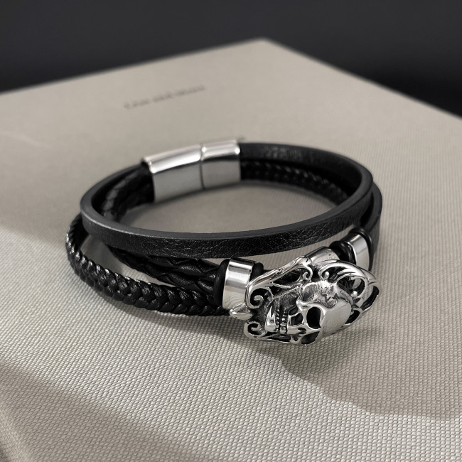 Wholesale Stainless Steel Skull Leather Bracelets