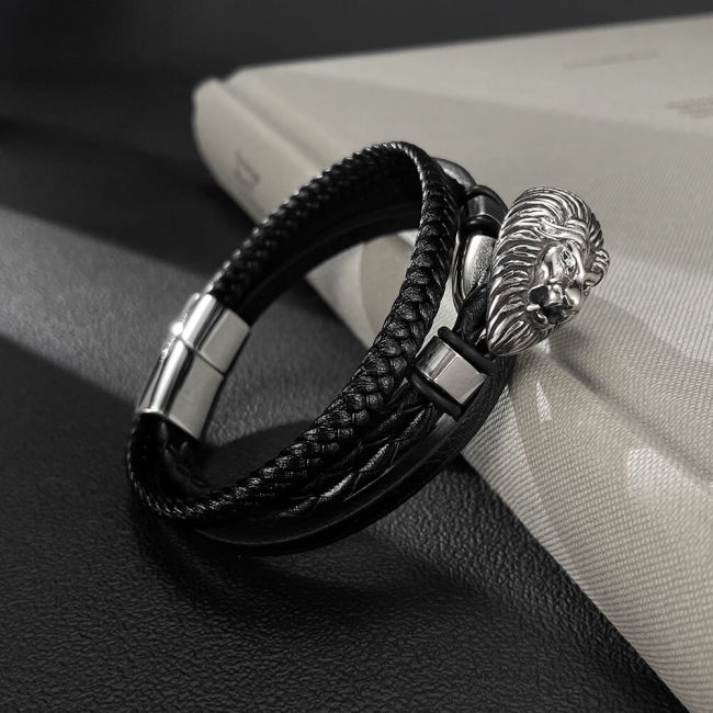 Wholesale Stainless Steel Lion Head Leather Bracelet