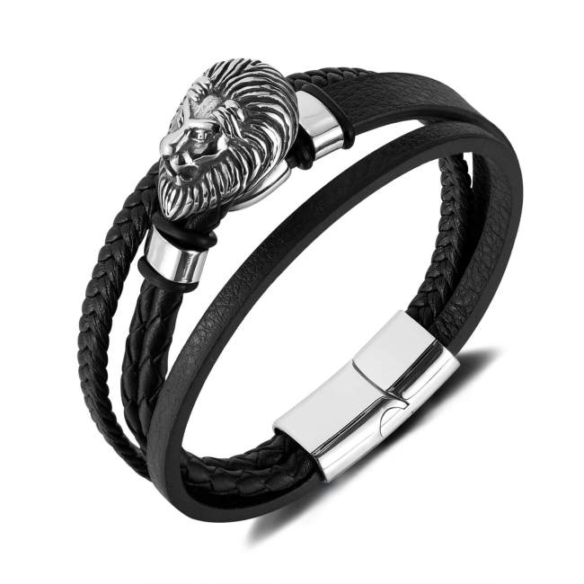 Wholesale Stainless Steel Lion Head Leather Bracelet