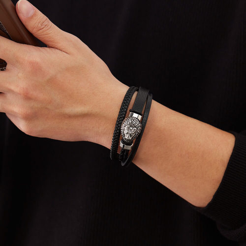 Wholesale Stainless Steel Lion Head Leather Bracelet