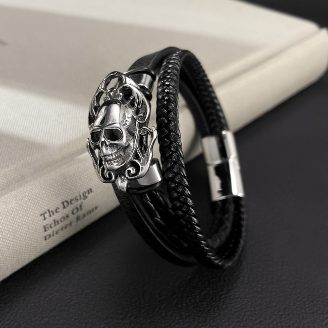 Wholesale Stainless Steel Skull Leather Bracelets