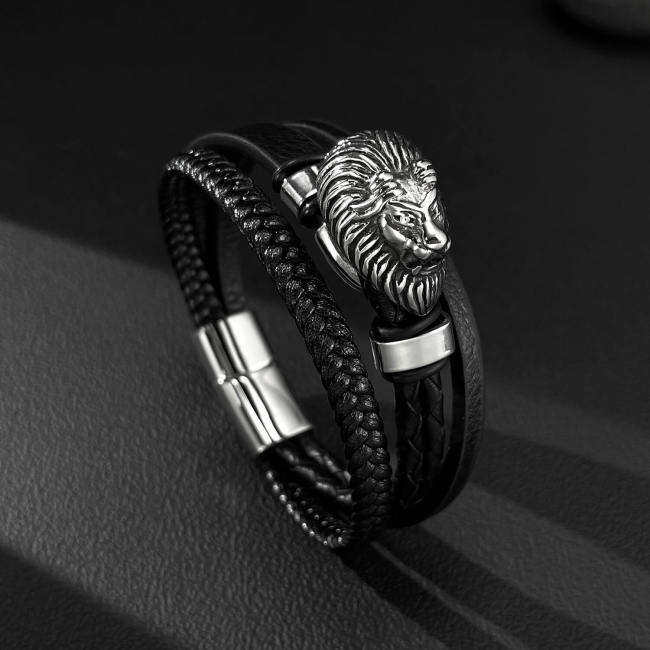 Wholesale Stainless Steel Lion Head Leather Bracelet