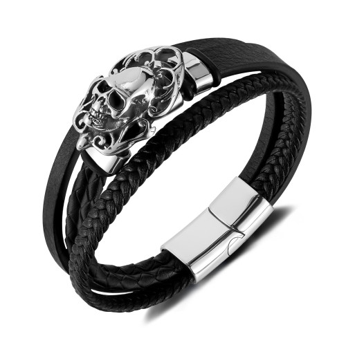 Wholesale Stainless Steel Skull Leather Bracelets