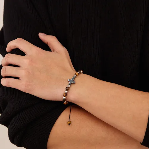 Wholesale Stainless Steel Tiger Eye Cross Bead Bracelet