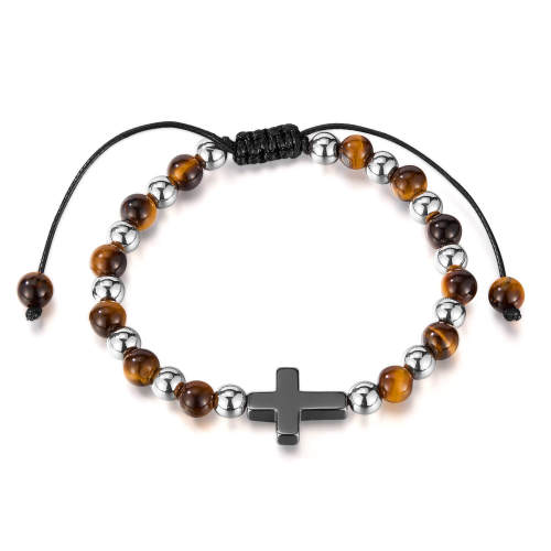 Wholesale Stainless Steel Tiger Eye Cross Bead Bracelet
