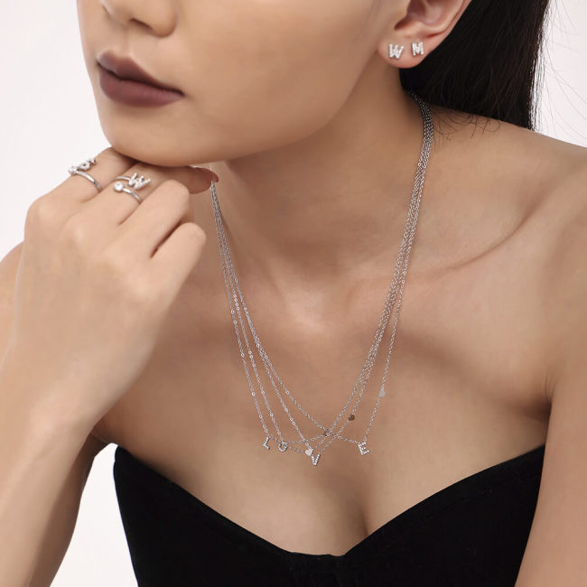 Wholesale Stainless Steel CZ Letter Bracelet Necklace Earrings Ring