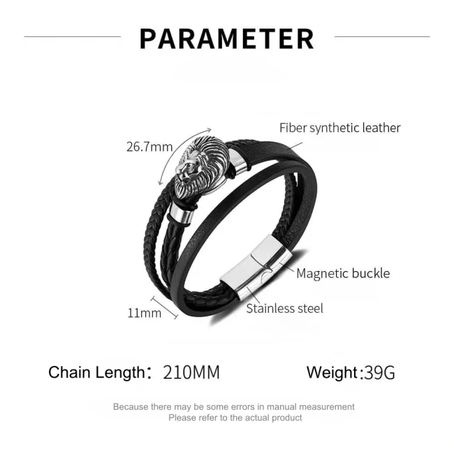 Wholesale Stainless Steel Lion Head Leather Bracelet