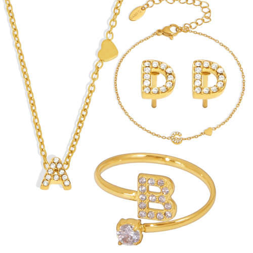Wholesale Stainless Steel CZ Letter Bracelet Necklace Earrings Ring
