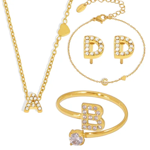 Wholesale Stainless Steel CZ Letter Bracelet Necklace Earrings Ring