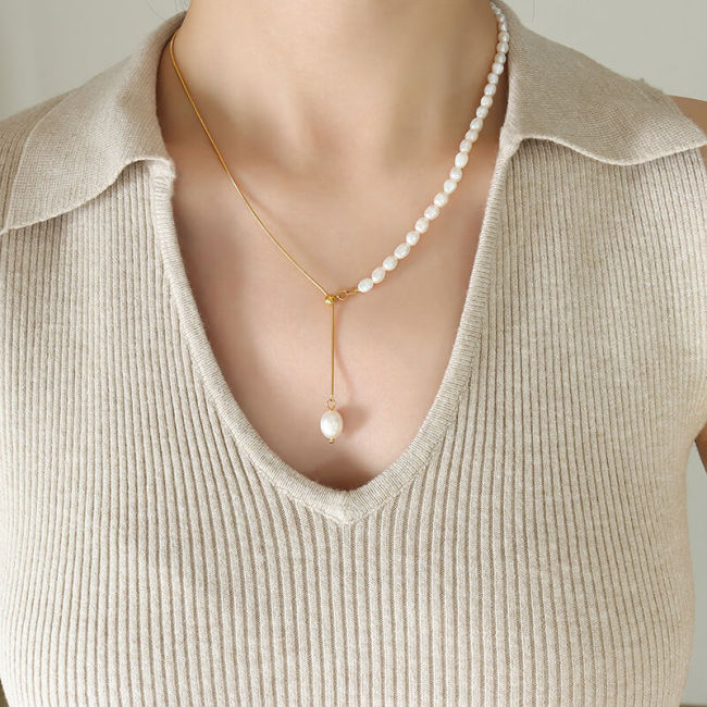 Wholesale Stainless steel Half Pearls & Snake Chain Necklace