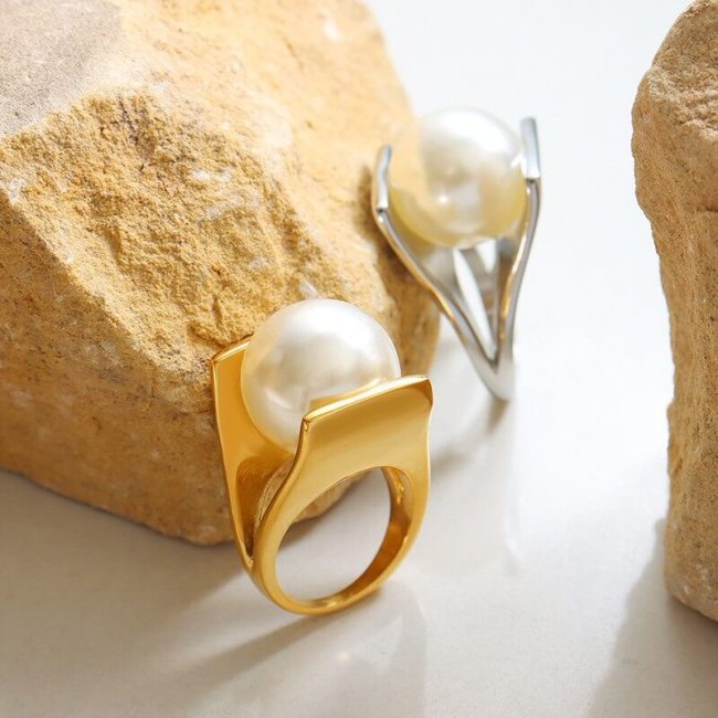 Wholesale Stainless Steel Y Shaped Exaggerated Pearl Ring