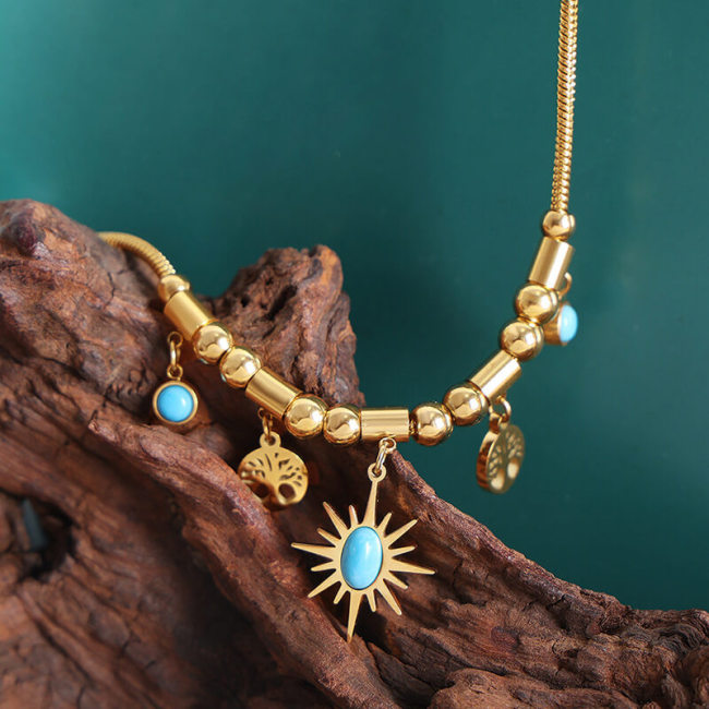 Wholesale Stainless Steel Turquoise Tree of Life Bracelet Necklace