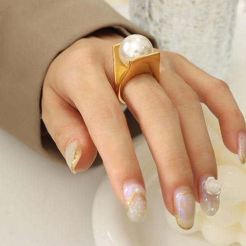 Wholesale Stainless Steel Y Shaped Exaggerated Pearl Ring