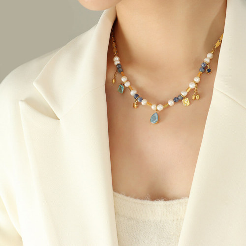 Stainless Steel Beads Natural Stone Pearl Necklace
