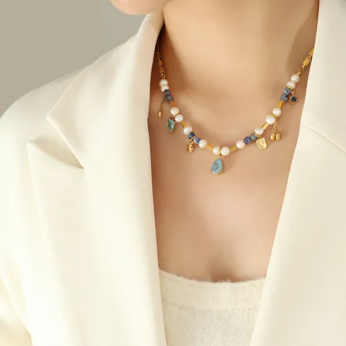 Stainless Steel Beads Natural Stone Pearl Necklace