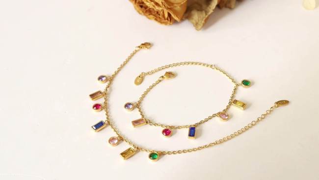 Wholesale Stainless Steel Multi-color Zircon Combo Bracelet & Necklace