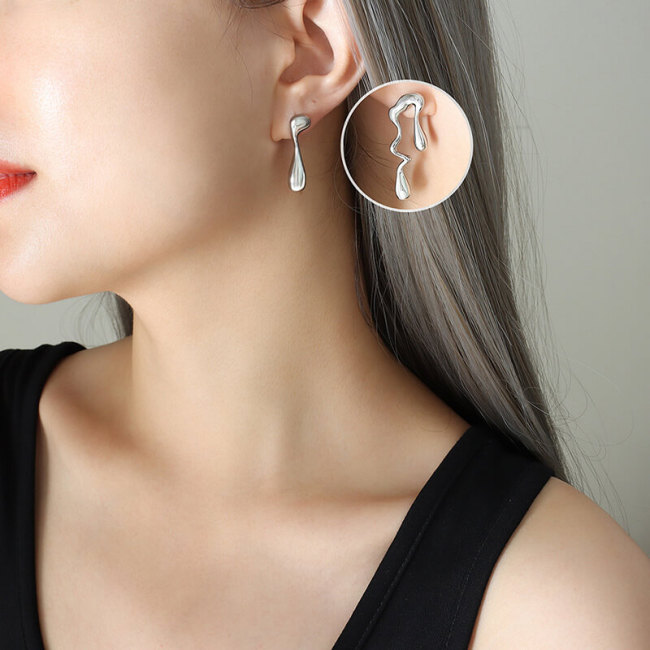 Wholesale Stainless Steel Liquid Metal Asymmetrical Teardrop Earrings