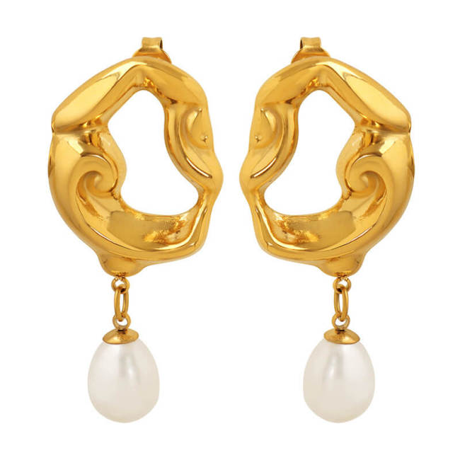 Wholesale Stainless Steel Irregular Hollow Geometric Pearl Drop Earrings