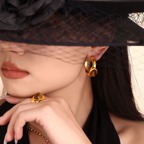Wholesale Steel Tiger Eye Earrings Open Ring