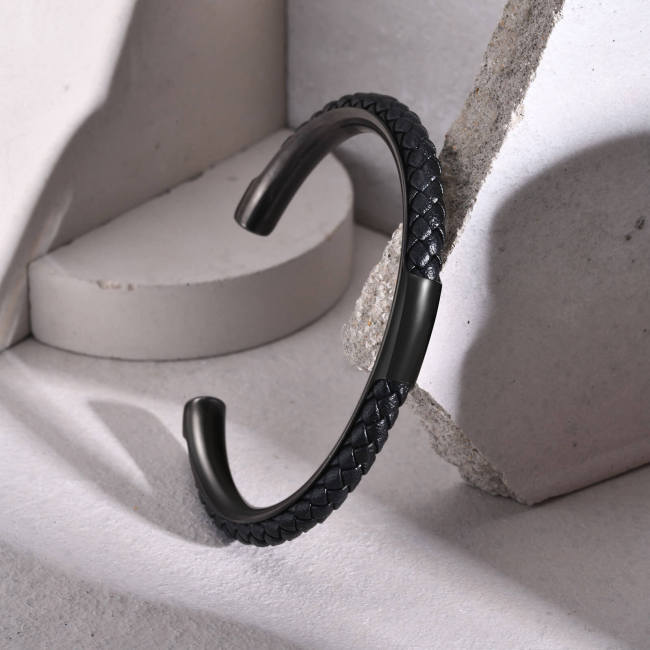 Wholesale Stainless Steel Braided Leather Bangle