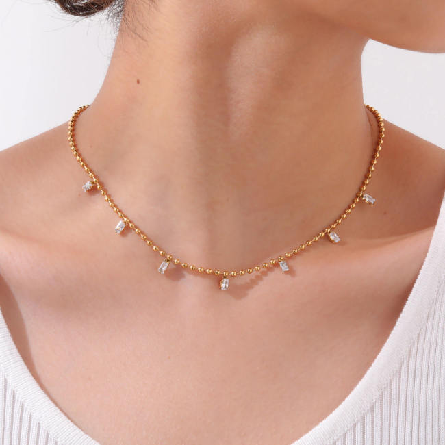 Wholesale Stainless Steel Bead Chain Zircon Necklace