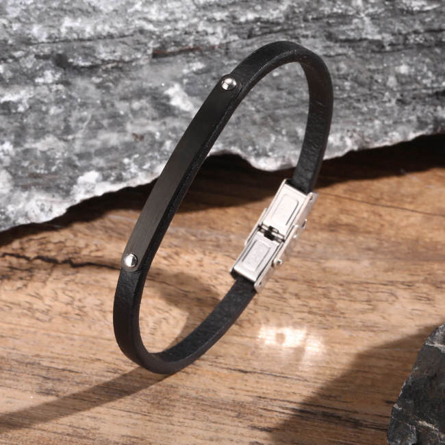 Wholesale Stainless Steel Curved Tag Leather Bracelet