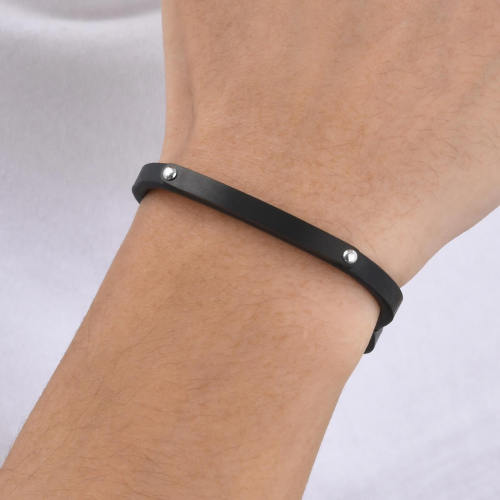 Wholesale Stainless Steel Curved Tag Leather Bracelet