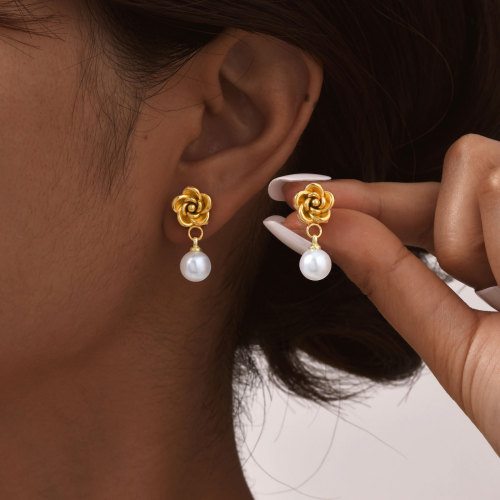 Wholesale Stainless Steel Camellia Pearl Earrings