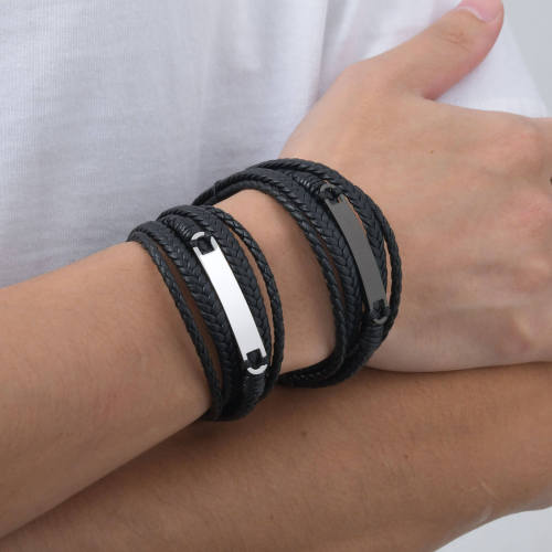 Wholesale Stainless Steel Engraved Leather Bracelet