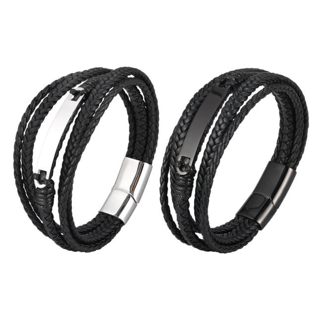 Wholesale Stainless Steel Engraved Leather Bracelet