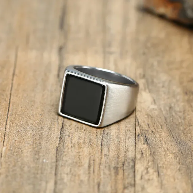 Wholesale Stainless Steel Square Black Stone Seal Ring