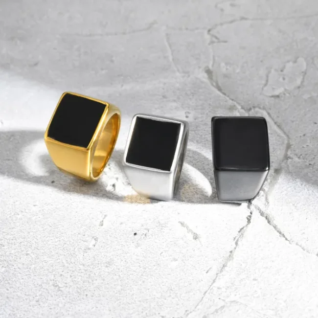 Wholesale Stainless Steel Square Black Stone Seal Ring
