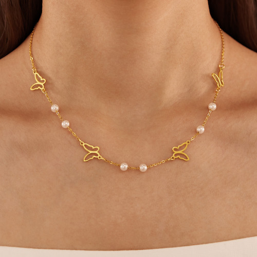Wholesale Stainless Steel Butterfly Pearl Necklace